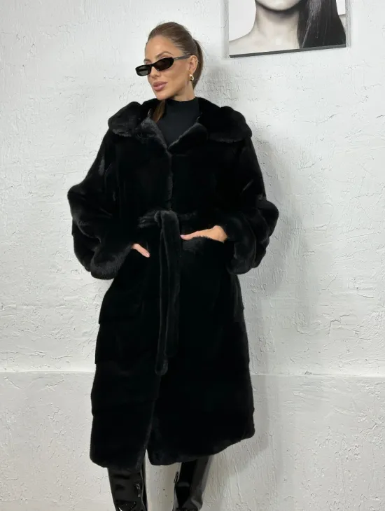 Черная шуба из импортной норки с капюшоном - фото 4