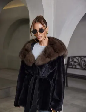 норка в роспуск шуба - черная с капюшоном куница - фото 2