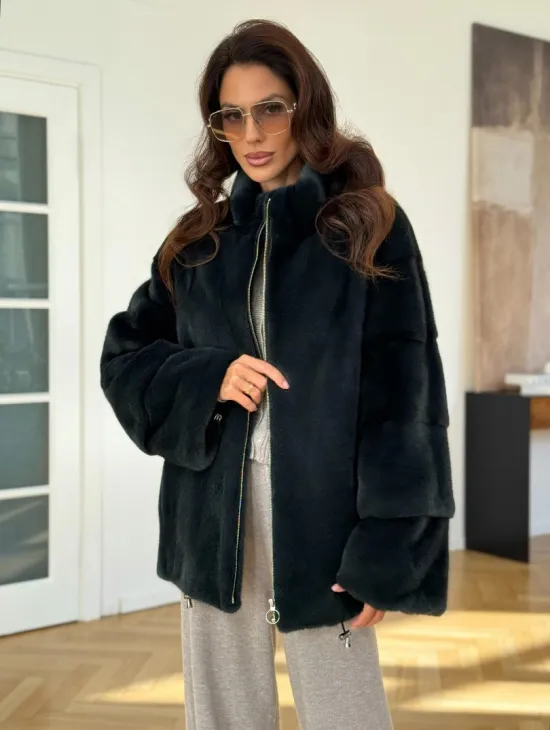 Бомбер из плюшевой норки NAFA - цвет темный изумруд - фото 0