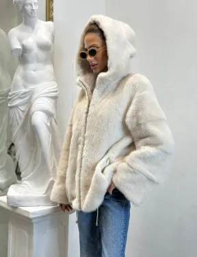 Норковая куртка с капюшоном - цвет ваниль - фото 3