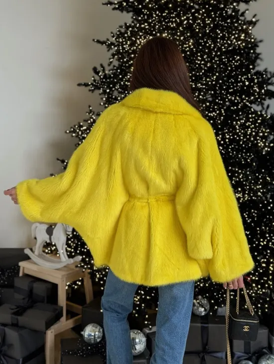 Шуба норковая летучая мышь роспуск - цвет лимонный (желтый) - фото 5