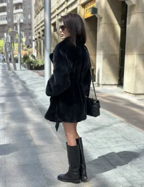 Шуба из плюшевой норки NAFA, роспуск - цвет черный изумруд - фото 3