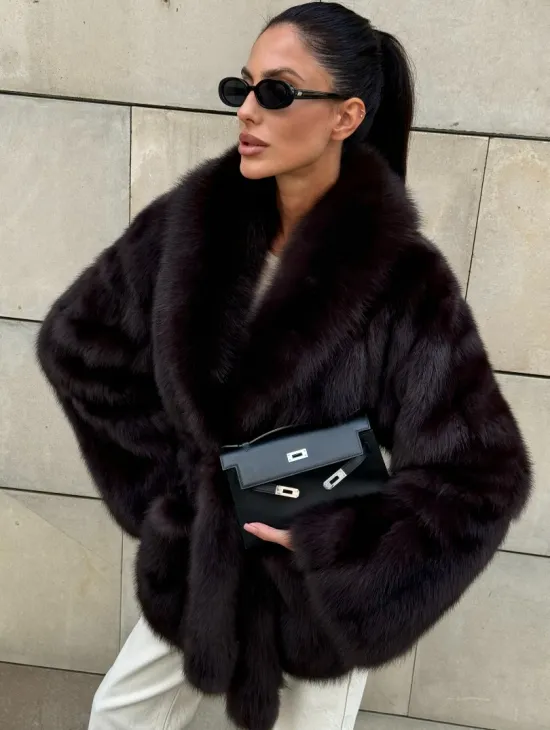 Шуба - жакет из меха куницы в цвете BURGUNDY - фото 3